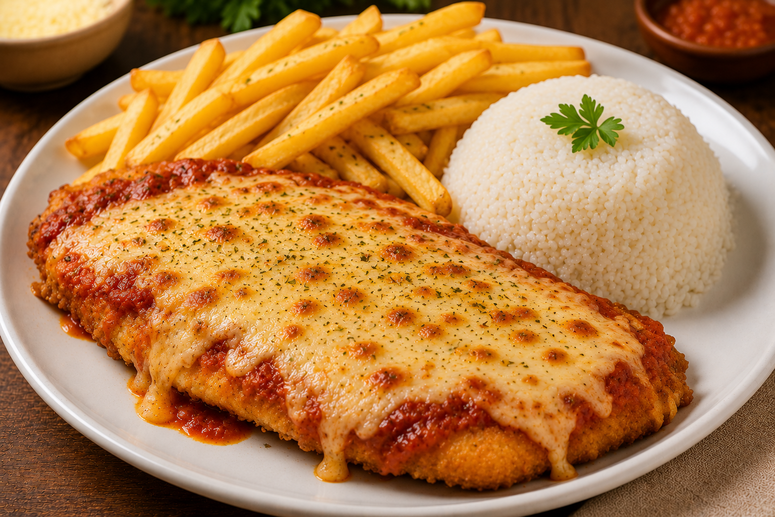 Parmegiana de Peixe com Arroz e Fritas